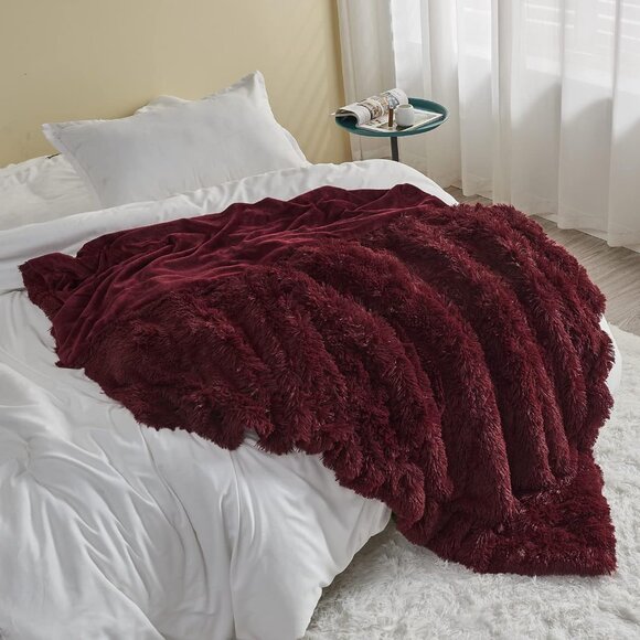 Fuzzy Faux Fur Throw Blanket Wine Red Super Soft Cozy - Picture 3 of 6